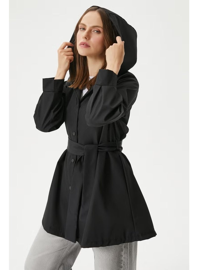 Ritnice Women's Trendy Hooded Snap-On Black Trench Coat - Image 1